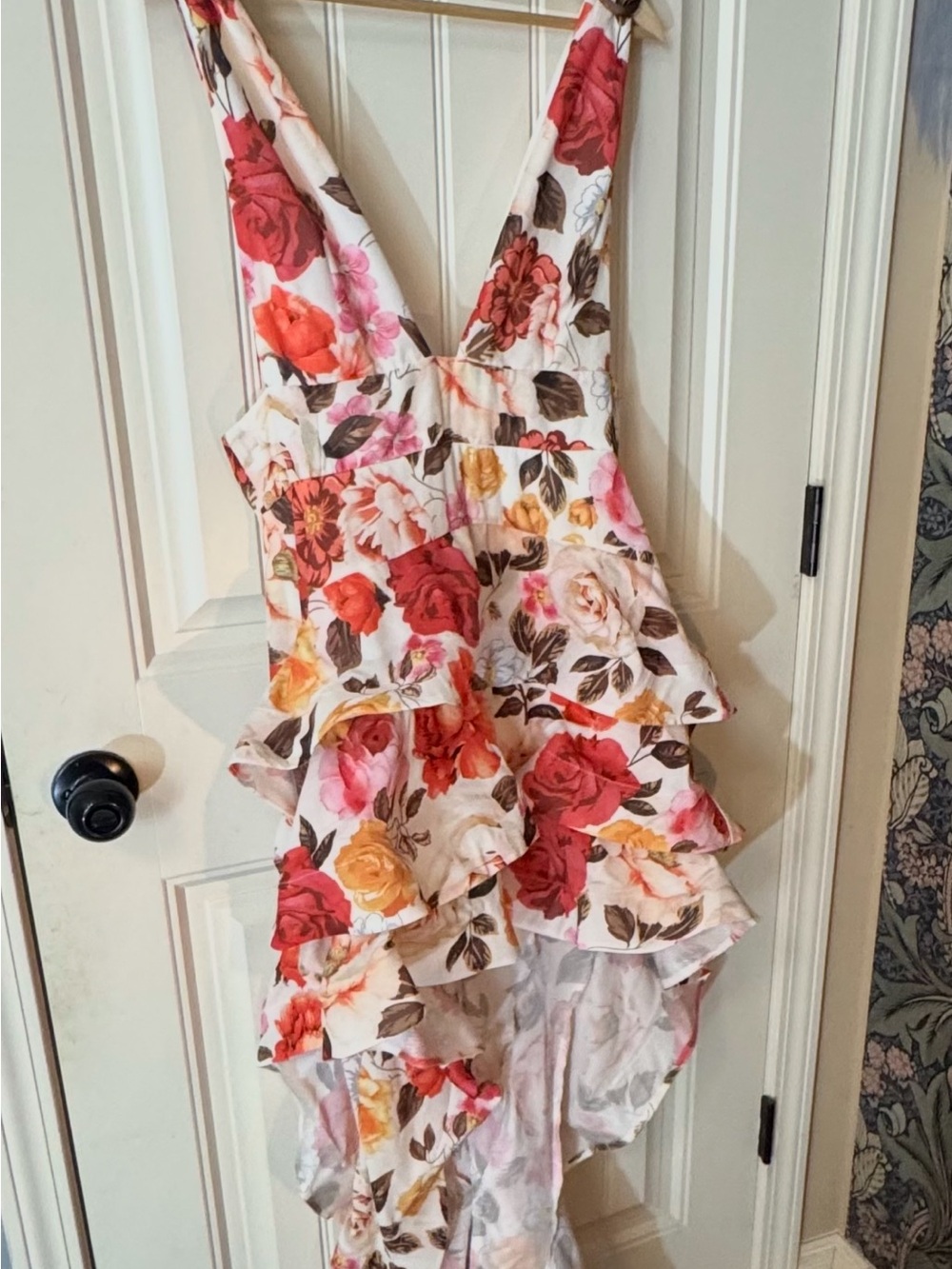 Fashion Nova Floral Ruffle High-Low Dress in Cream, Red & Pink